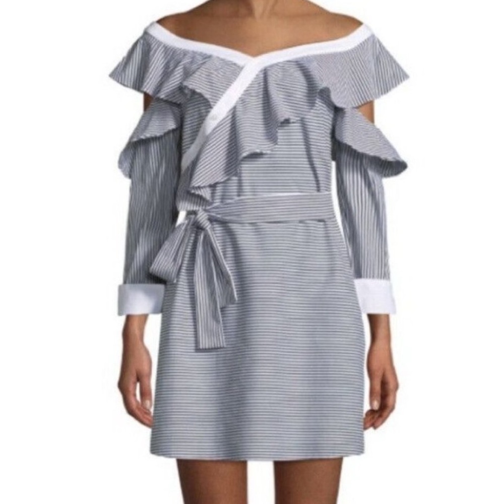 Laundry By Shelli Segal Striped Ruffle Belted Cutout Long Sleeve Dress Blue 6